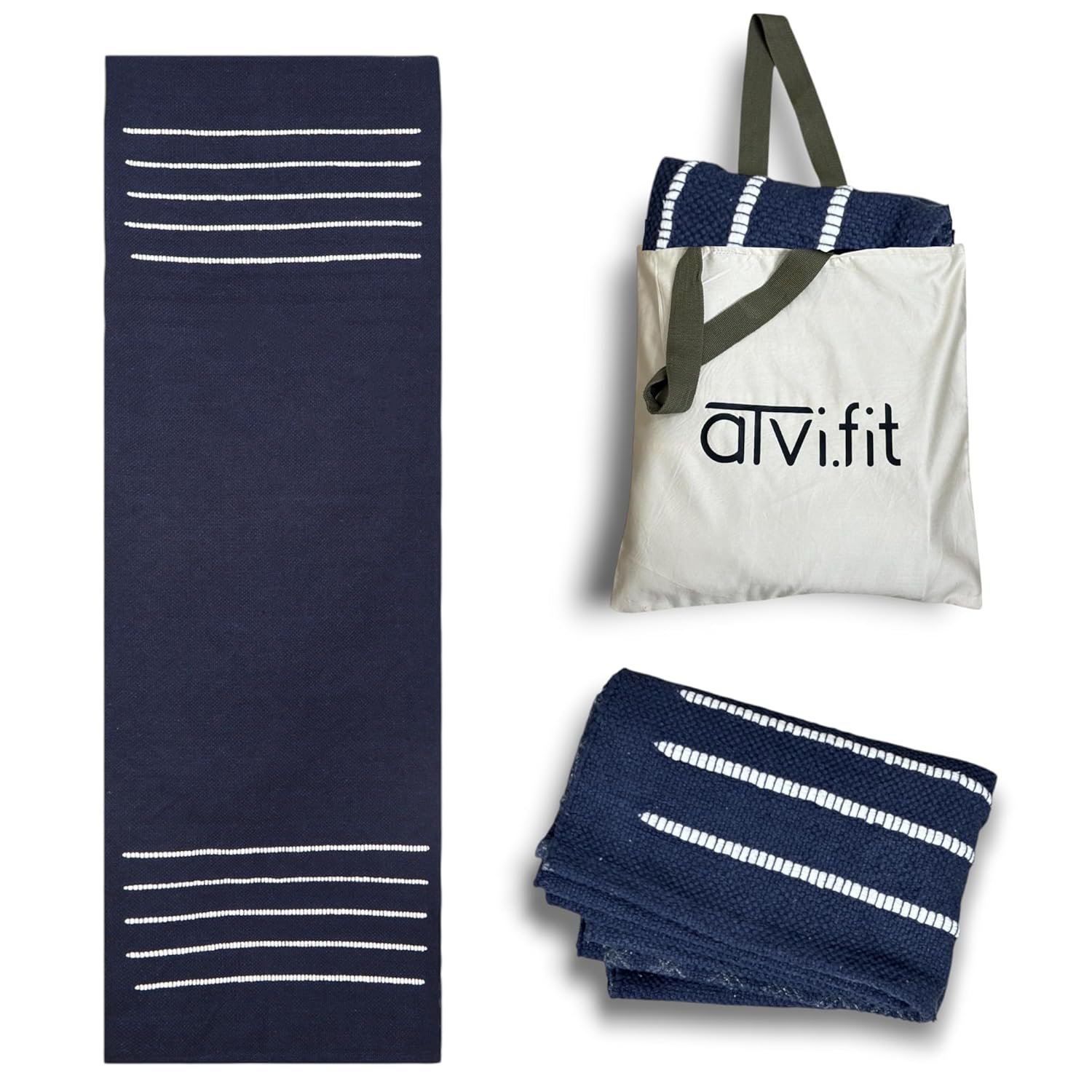 Atvi.fit Pure cotton anti-skid, machine wash yoga mat. 73inches x 24inches, 5mm thickness (Dark Blue) With Shoulder Yoga Cover Sling Carry Bag