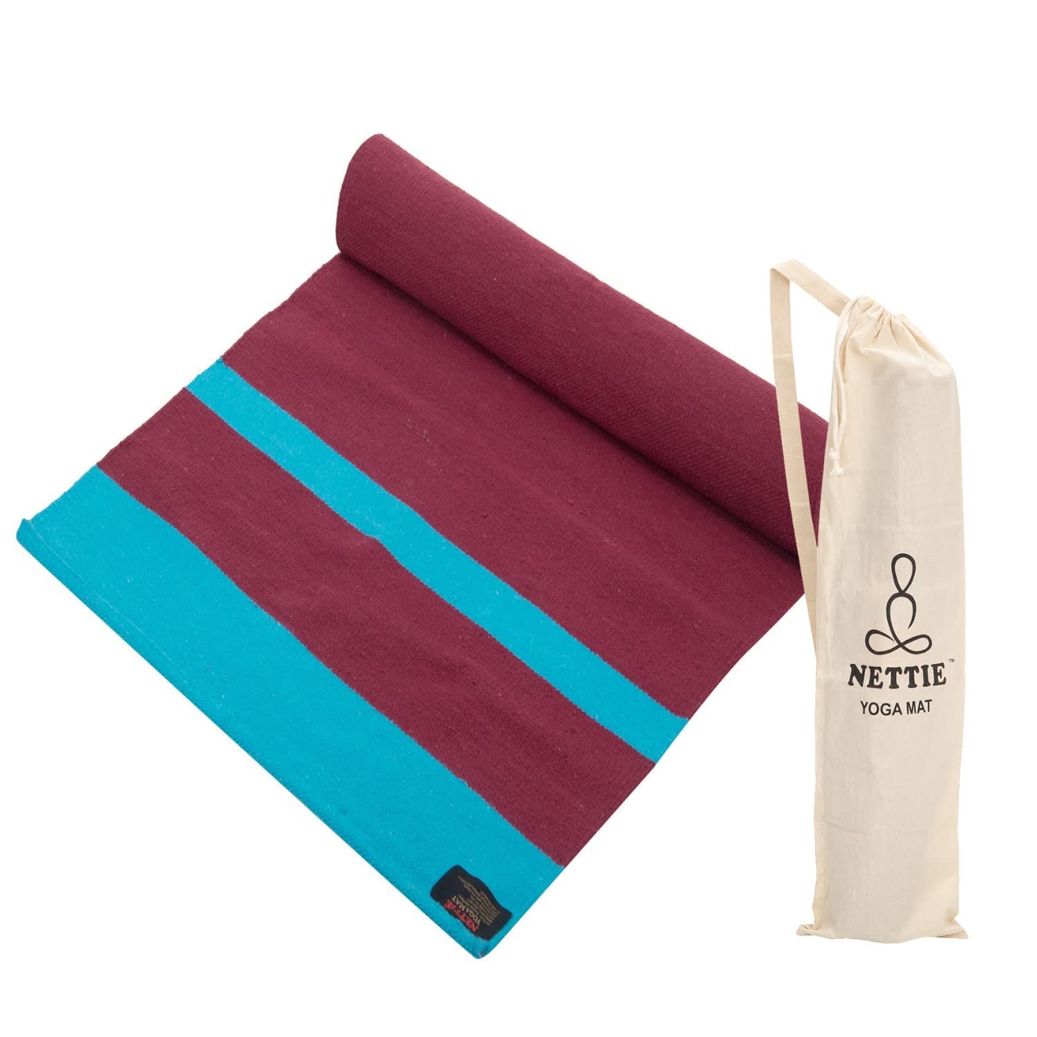Nettie Handloom Cotton Yoga Mat With Free Carry Bag, 180 cm x 72 cm (Maroon & Blue) - Standard Size