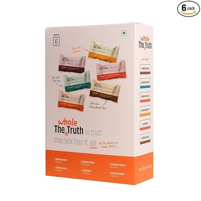 The Whole Truth - Protein Bars | All-in-One | Pack of 6 x 52 g each | No Added Sugar | No Preservatives | No Artificial Sweeteners | No Gluten or Soy | All Natural Ingredients | Six Different Flavours